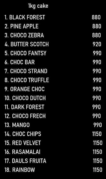 Chocolate Biclate menu 