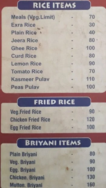 Malabar Restaurant menu 