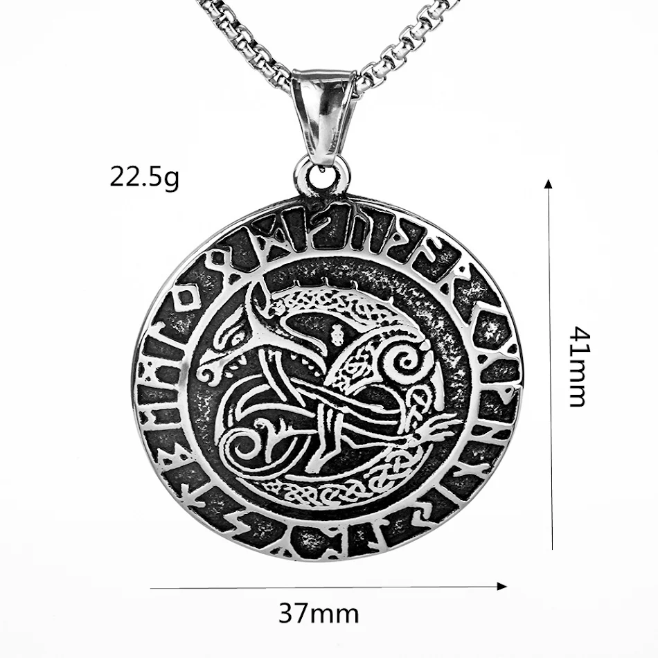 Collar con colgante para hombre de acero titanio con tótem de dragón vikingo vintage, un amuleto varonil y resistente.