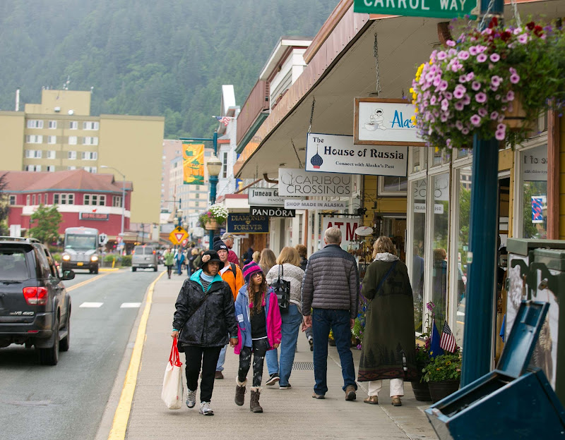 A stretch of shops along North Franklin Street in downtown Juneau, Alaska. 