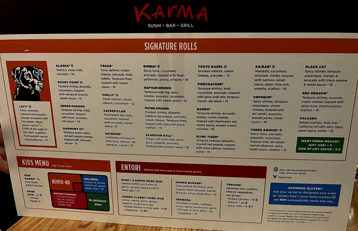 Karma Sushi Bar Grill gluten-free menu