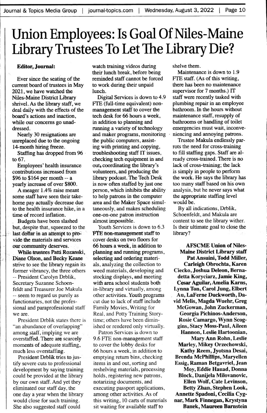 A letter to the editor from the Niles-Maine District Library union published in Journal & Topics