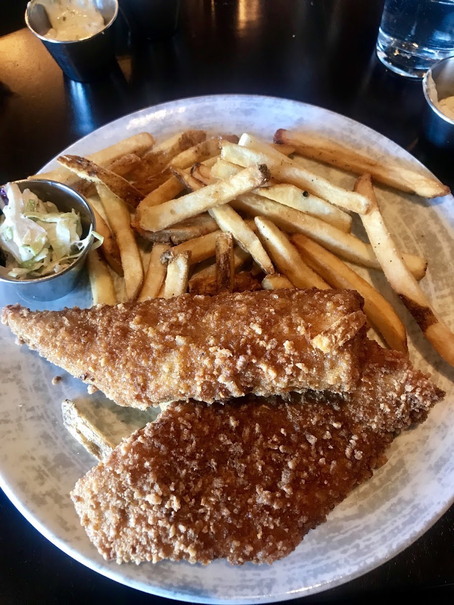 GF fish and chips.  Large portion, delicious, crispy haddock.