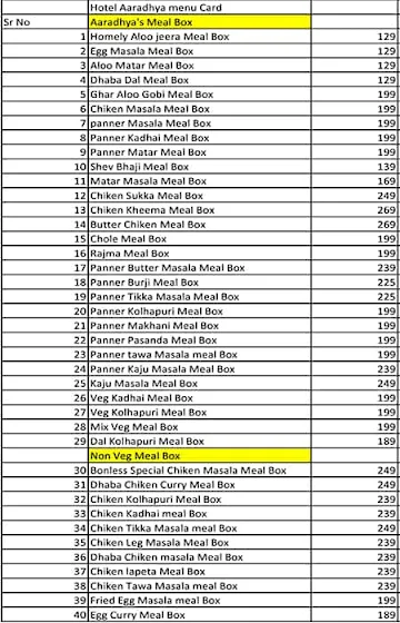 Hotel Aaradhya menu 