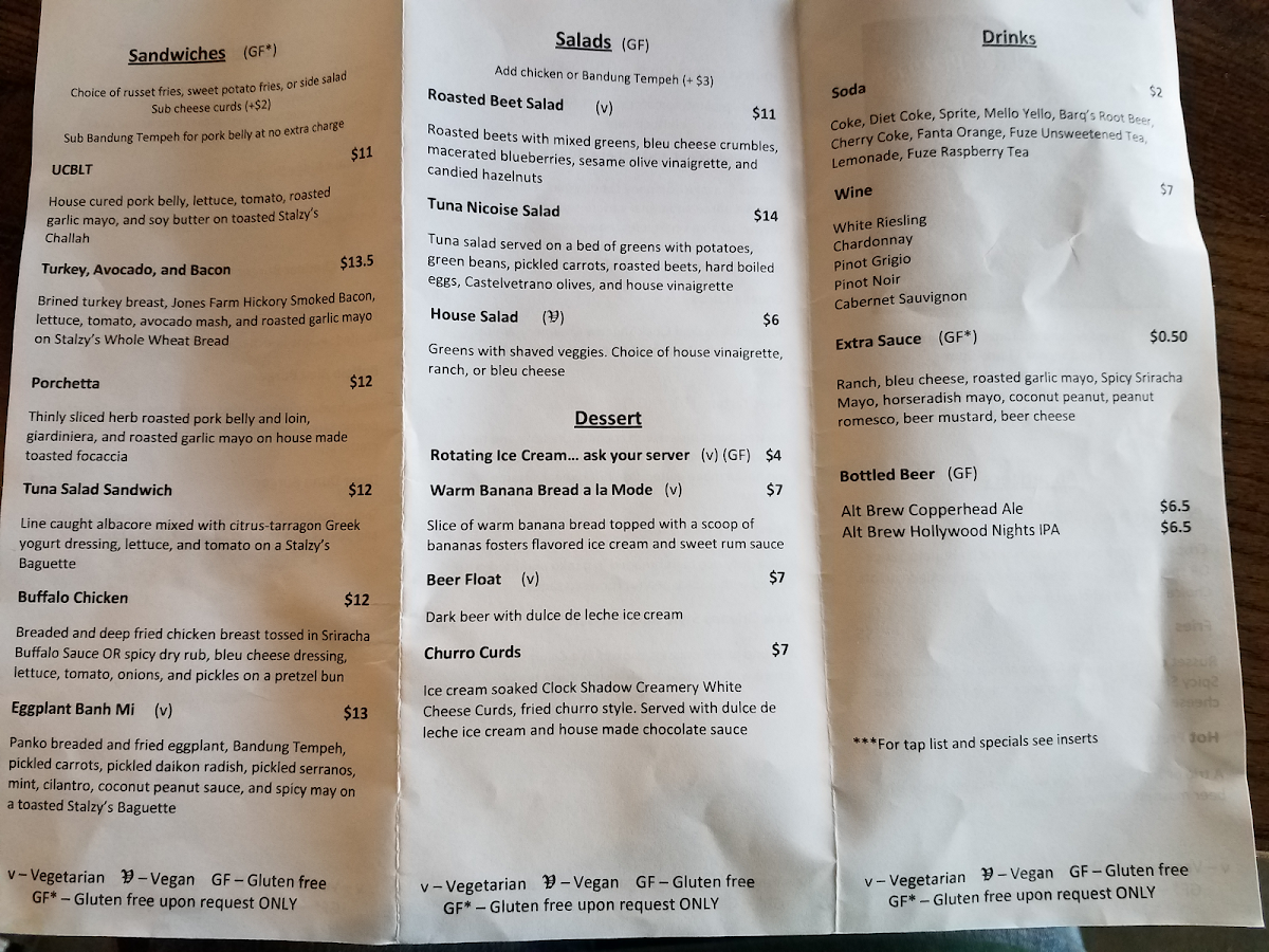 Union Corners Brewery gluten-free menu