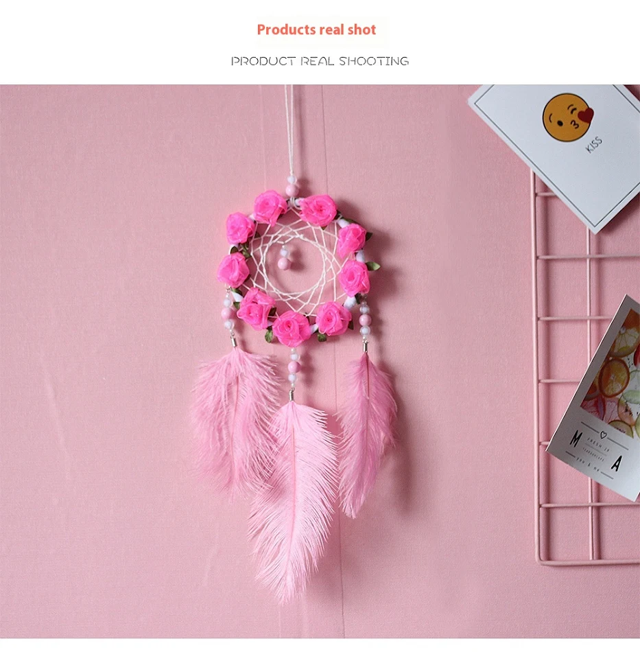 Ženski Dreamcatcher Wind Chimes, dekoracija sobe sa roze nojevim perjem, opuštajuće i umetničko uređenje doma.