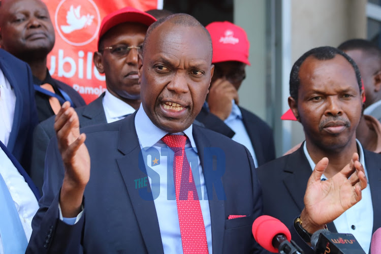 Jubilee secretary general Jeremiah Kioni speaks during a press briefing at Jubilee headquarters Nairobi on April 6, 2022.