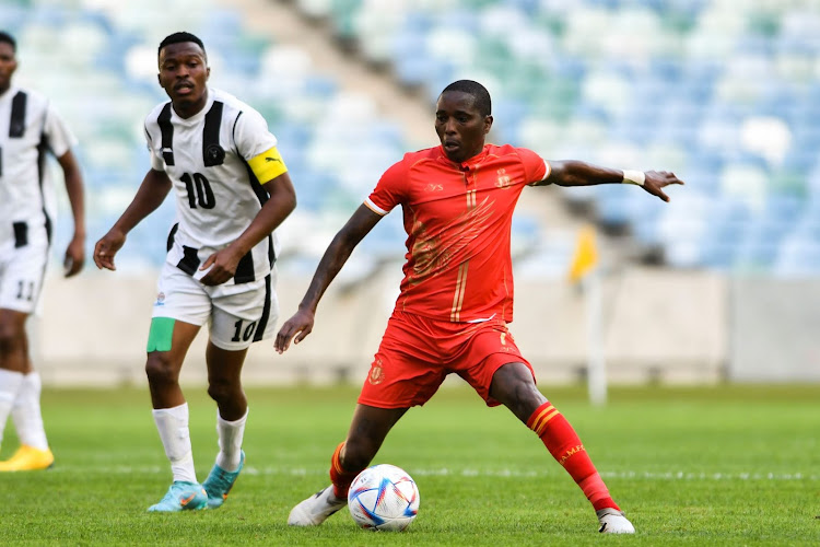 Royal AM midfielder Elias Pelembe and Philani Thabo Mkhontfo, captain of Mbabane Highlanders, during the CAF Confederation Cup 1st preliminary round, second leg at Moses Mabhida Stadium on September 16 Durban.