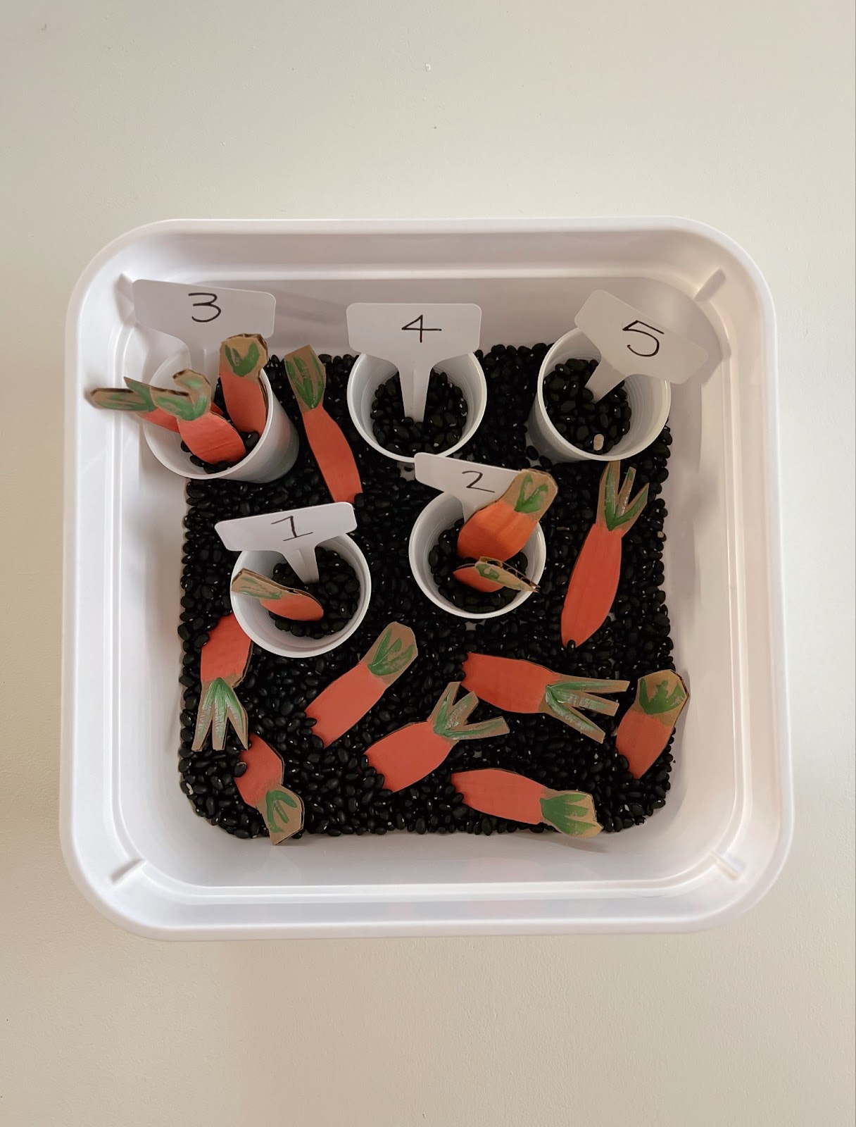 carrot count spring sensory bin