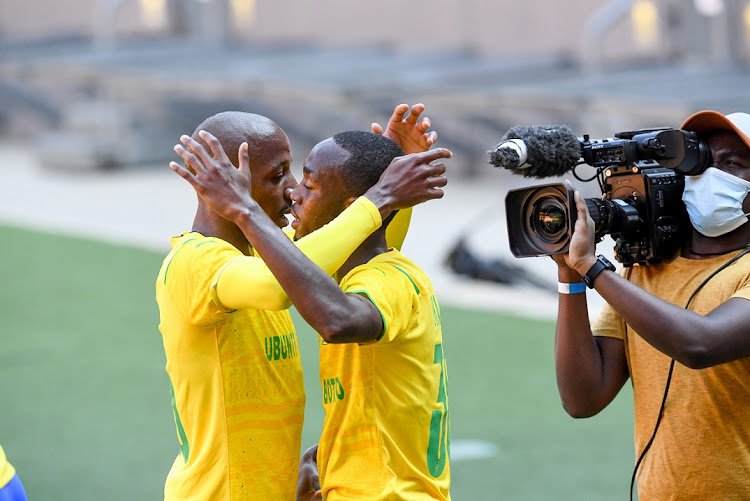 Peter Shalulile of Mamelodi Sundowns celebrates with his teammates after scoring the winning goal in the Caf Champions League match against Al Ahly SC at FNB Stadium on March 12 2022.