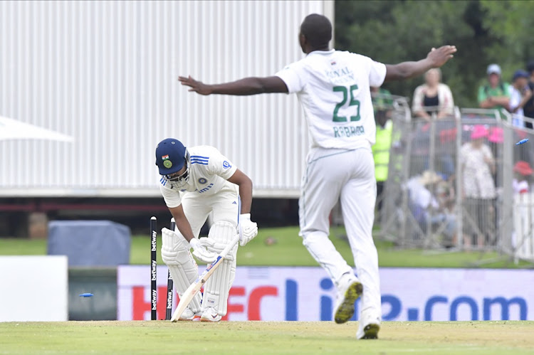 Shreyas Iyer of India is bowled out by Kagiso Rabada of South Africa on day one of the first Test at SuperSport Park in Centurion on Tuesday.