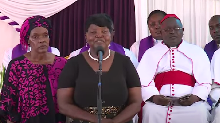 Peris Onyango, the sister of the late Chief of defence forces General Francis Ogolla speaking during the burial service at Senator Obama K'Ogello Primary School in Siaya on Sunday, April 21, 2024.