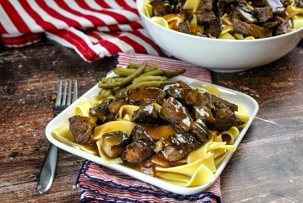 Beef Tips and Noodles on a plate.