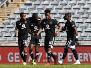 Deon Hotto of Orlando Pirates celebrates his goal with teammates in the DStv Premiership match against Stellenbosch FC at Orlando Stadium on August 21, 2021.