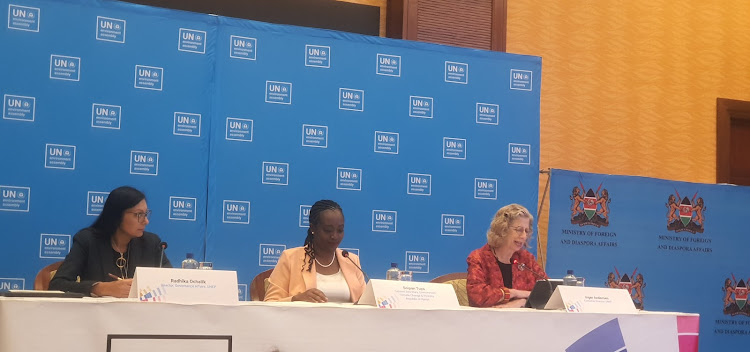 UNEP’s Director for Governance Affairs Radhika Ochalik, Environment CS Soipan Tuya, and UNEP Executive Director Inger Andersen address the Press February 8 at Serena ahead of sixth session of UN Assembly. Image: Gilbert Koech.