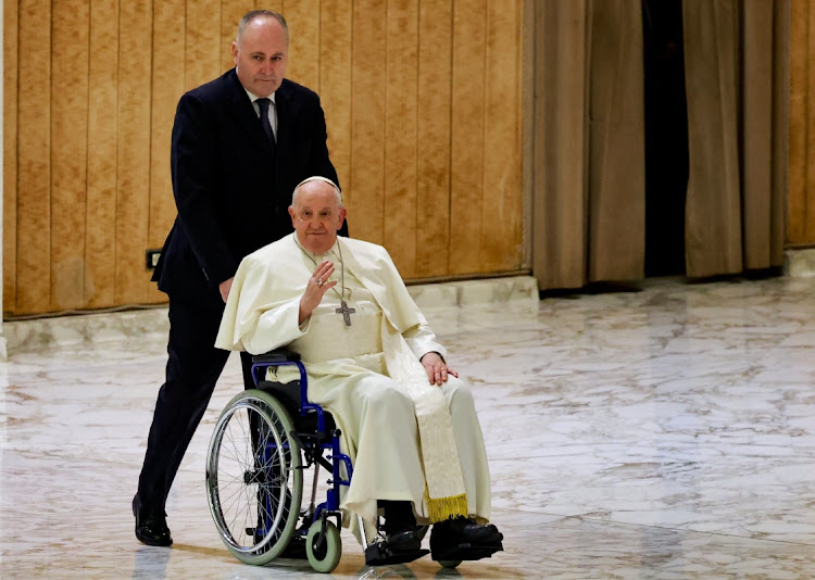 Pope Francis arrives for the weekly general audience, in Paul VI hall at the Vatican, February 28, 2024.