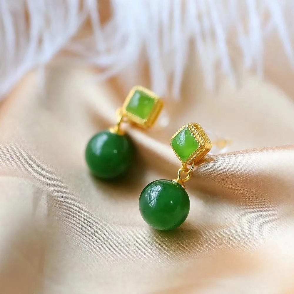 Title 2, Elegantes Pendientes de Jade Gris Retro con Cue...