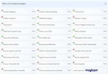 Indiana Burgers menu 