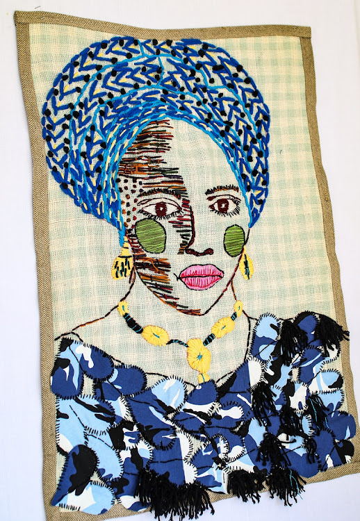 Lerato, 61 x 85cm, embroidery on scotch hessian.