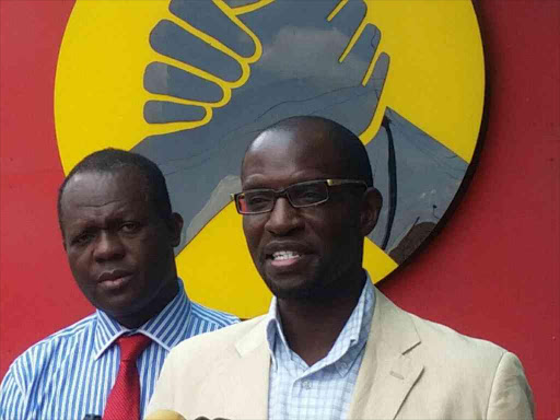 Jubilee secretary general Raphael Tuju with NEB chair Andrew Musangi giving an update on party primaries at Jubilee headquarters, Monday, April 24, 2017. /MONICAH MWANGI