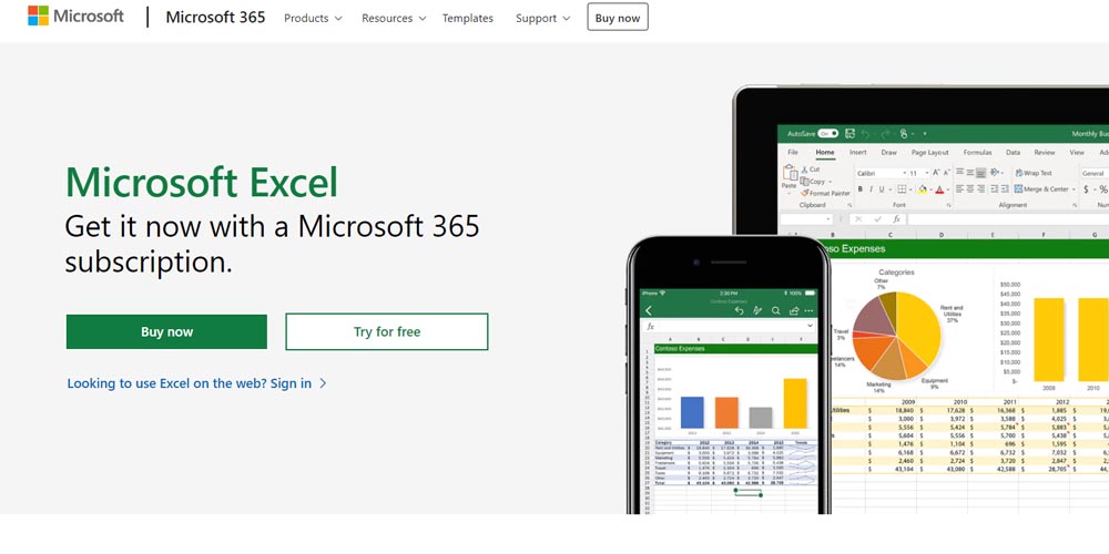 Excel main page on the official site