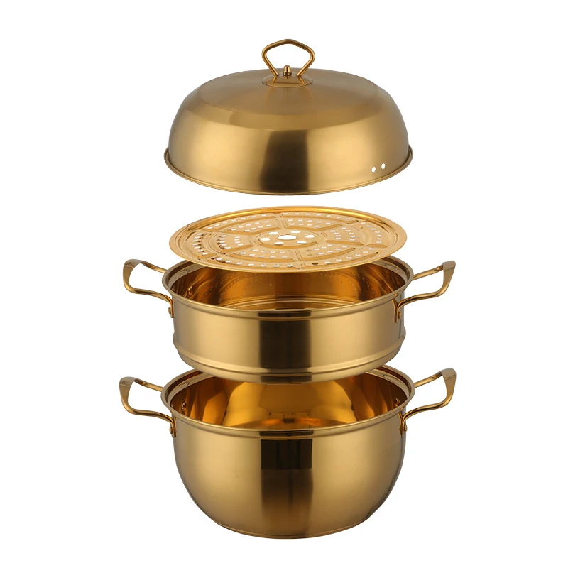 Panela de aço inoxidável multicamadas colorida para sopa e cozinhar, versátil e ideal para diversas receitas.