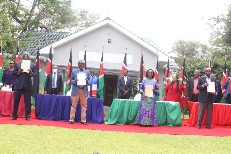 Oka coalition chiefs Cyrus Jirongo, Kalonzo Musyoka, Martha Karua and Gideon Moi after signing coalition party documents at SKM Command Centre, Nairobi, on February 2, 2022.