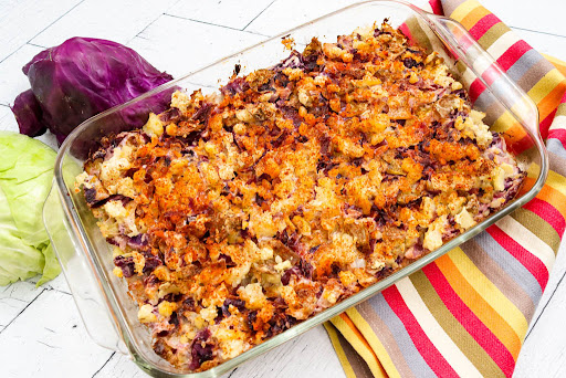 Potato and Cabbage Casserole baked until golden brown.