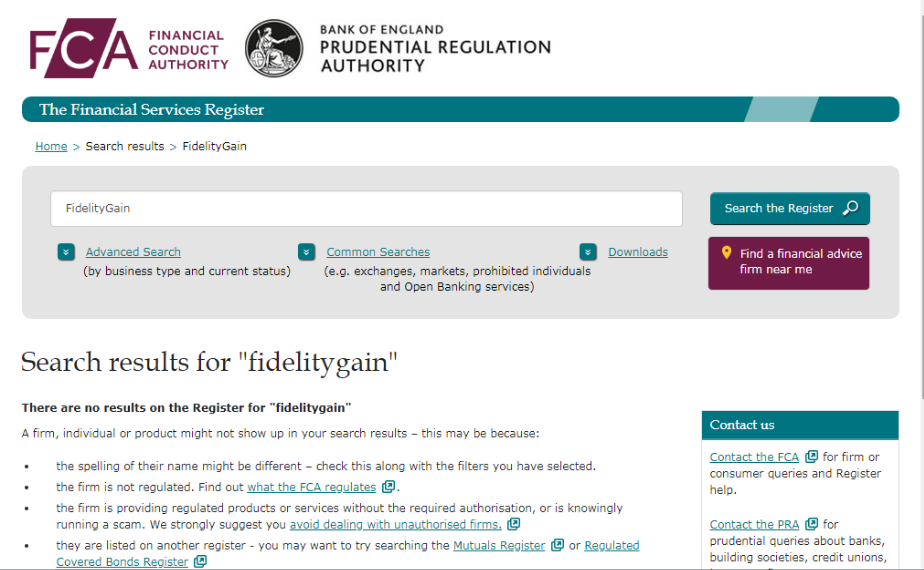 FidelityGain is absent on FCA's database