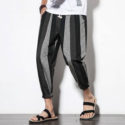 Title 4, Mens Striped Linen Cropped Trousers Cool Summe...
