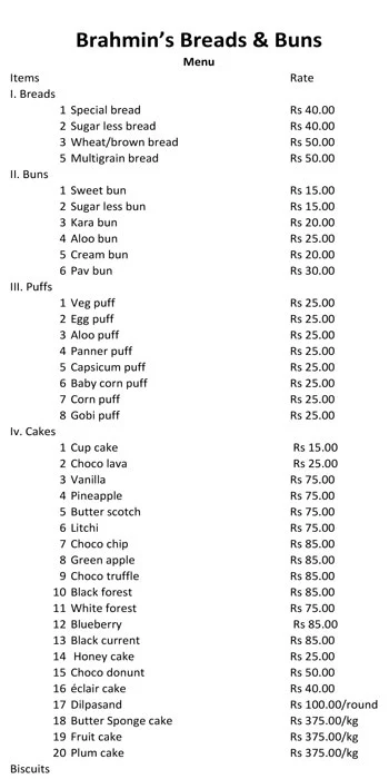 Brahmin's Breads & Buns menu 