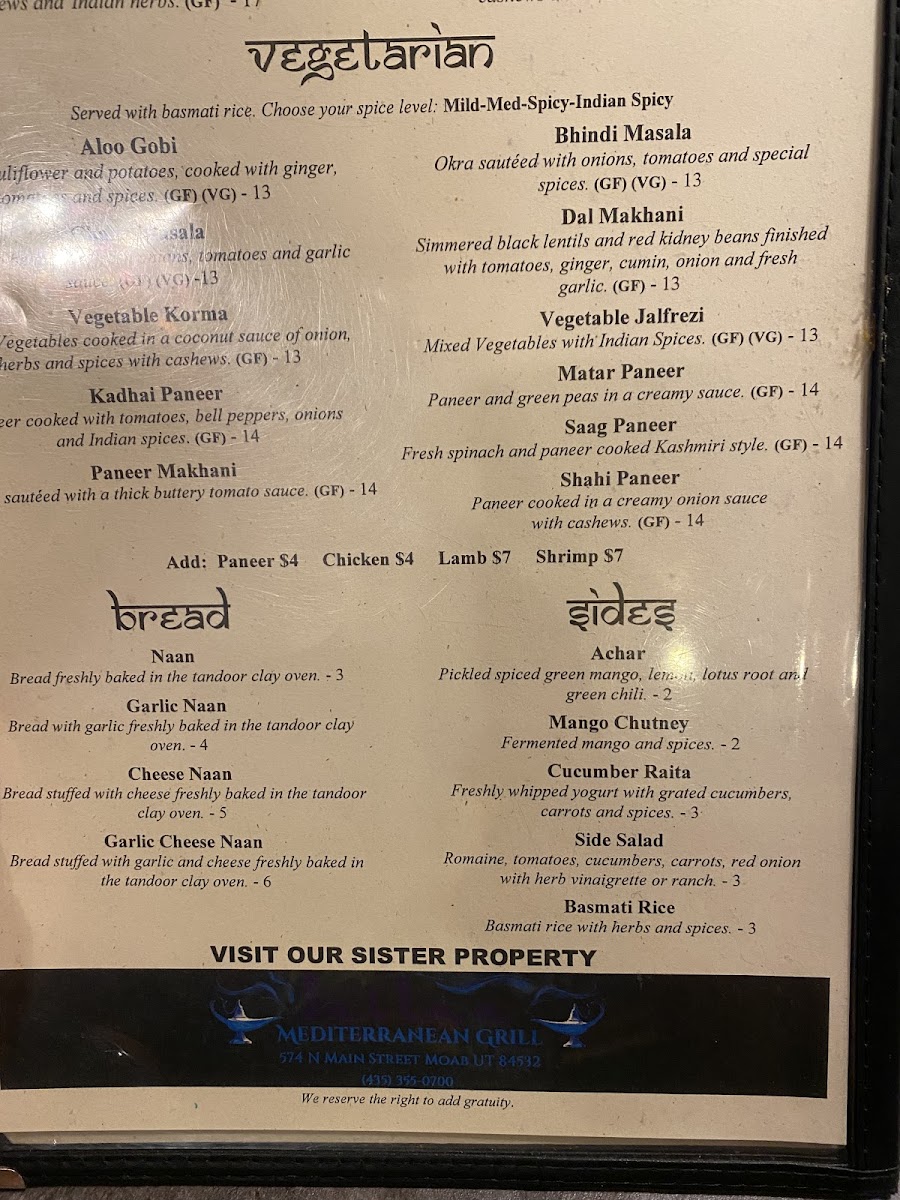 Indo Grill gluten-free menu