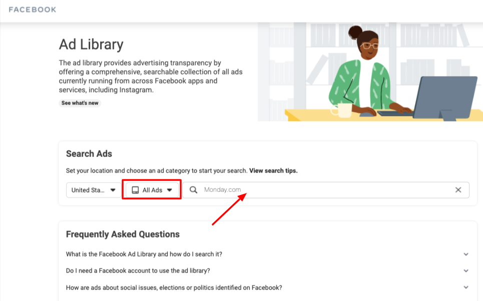 Select 'All Ads' on the Facebook Ad Library.