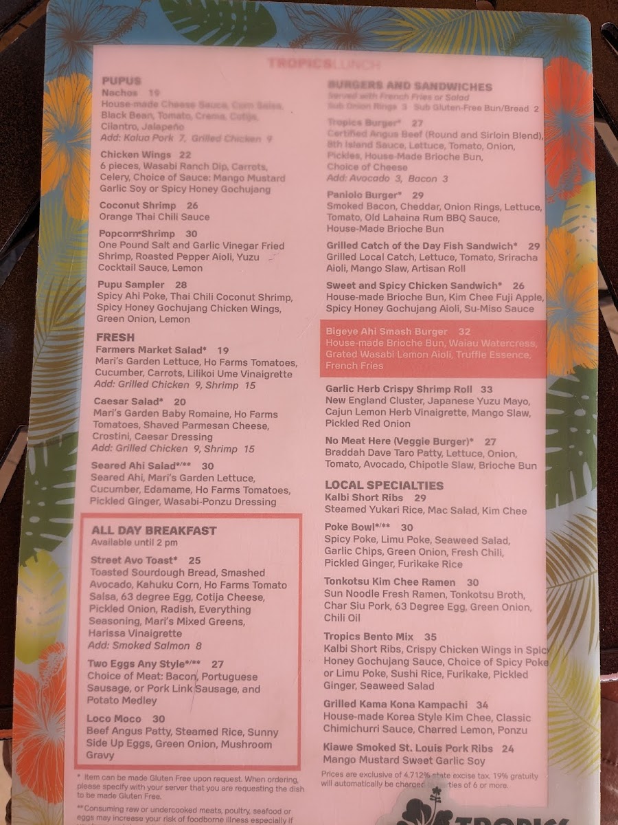 Tropics Bar & Grill gluten-free menu