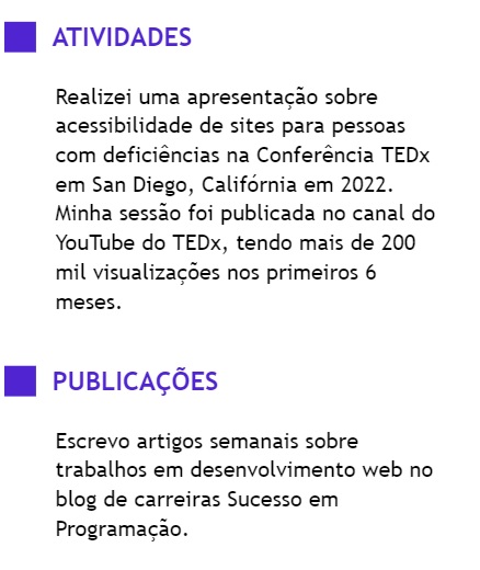 Exemplo das seções de atividades e publicações em currículo de programador 