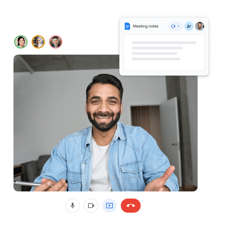 Person on call with three others, Pop-up that says ‘Meeting notes’.