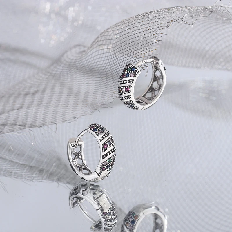 Boucles d'oreilles Chaoren rétro thaïlandaises en argent délicat, micro-incrustées de zircon coloré, pour un style vintage