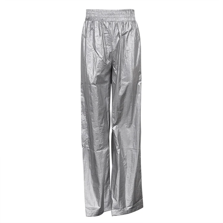 Pantalones plateados de pierna ancha, sueltos, rectos y adelgazantes con cintura elástica, ideales para un look cómodo y elegante.