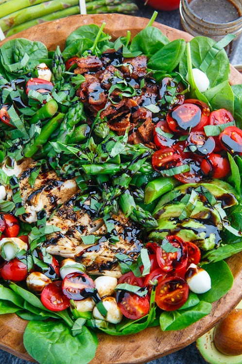 Grilled Chicken and Asparagus Caprese Spinach Salad with Bacon and Avocado