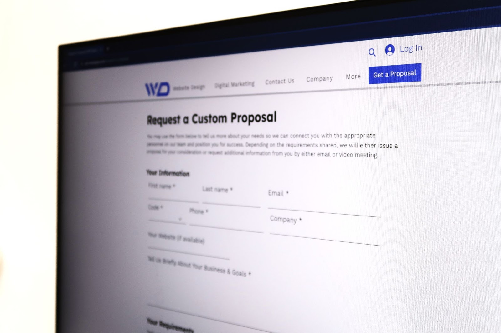 A landing page of a website about requesting a custom proposal