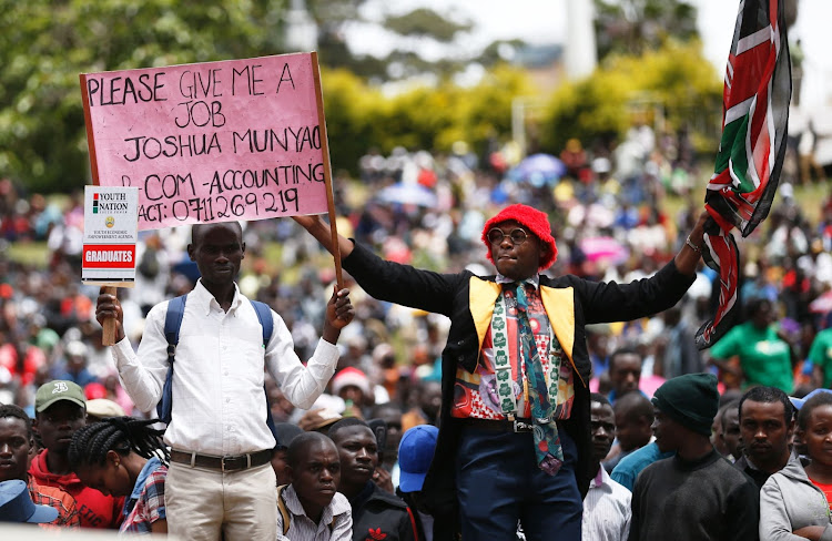 Job seeker Joshua Munyao joins other Kenyans at Uhuru Park grounds for the Labour Day celebrations on May 1, 2018