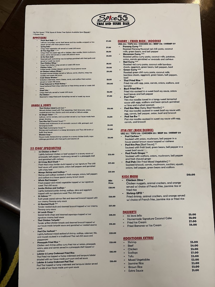 Menu. Gluten free is marked with 3 asterisks