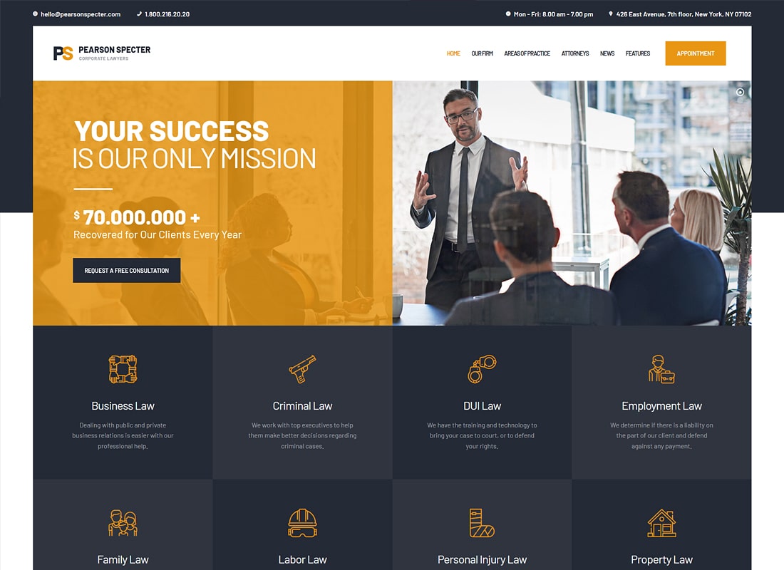 Pearson-Spectre |  Tema WordPress untuk pengacara dan pengacara