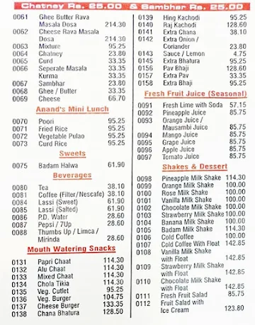 Anand Restaurant menu 