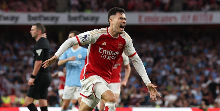 Arsenal's Gabriel Martinelli celebrates scoring their first goal against Manchester City at Emirates Stadium in London, Britain, October 8 2023. Picture: DAVID KLEIN/REUTERS