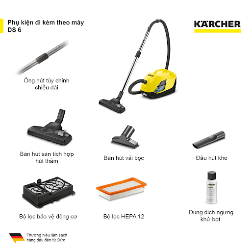 Máy hút bụi gia đình Karcher DS 6 sử dụng bộ lọc nước hiện đại , công suất hút thực tế 650w cùng hệ thống lọc đa lốc