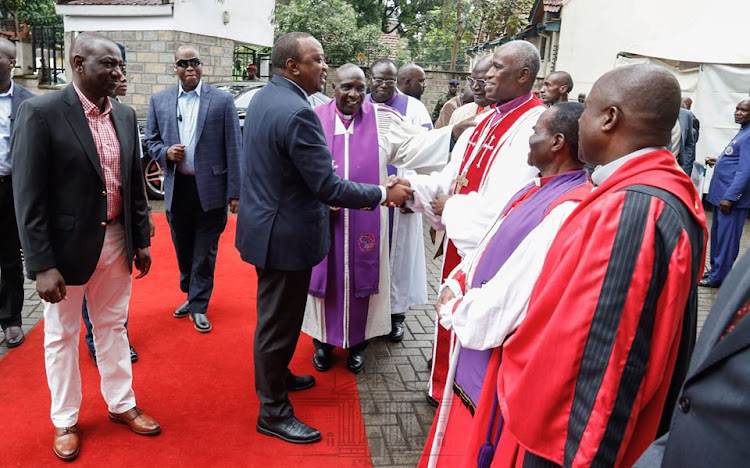 AIC presiding Bishop Abraham Mulwa introduces President Uhuru Kenyatta to the church leadership at AIC Milimani on Sunday, January 26, 2020.