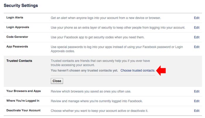 how to add trusted contacts on Facebook step 1