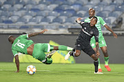 Kudakwashe Mahachi of Orlando Pirates and Lantshene Phalane of Bloemfontein Celtic during the Absa Premiership match between Orlando Pirates and Bloemfontein Celtic at Orlando Stadium on March 05, 2019 in Johannesburg, South Africa. 