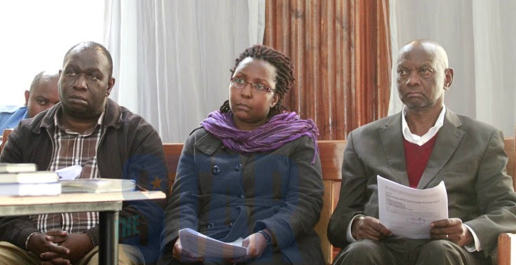 Shem Kamau Kairu, Office of the Auditor General ICT manager Annette Mwangi and former deputy Auditor General Stephen Ndung'u Kinuthia before an Anti-corruption Court in Milimani on October 22, 2019.